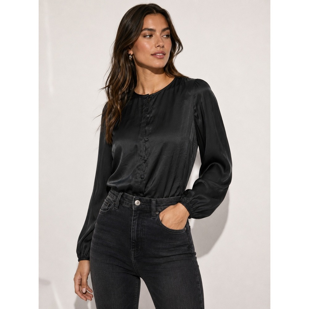 Express Womens Bodysuit Long Sleeve Satin Button Front Black M